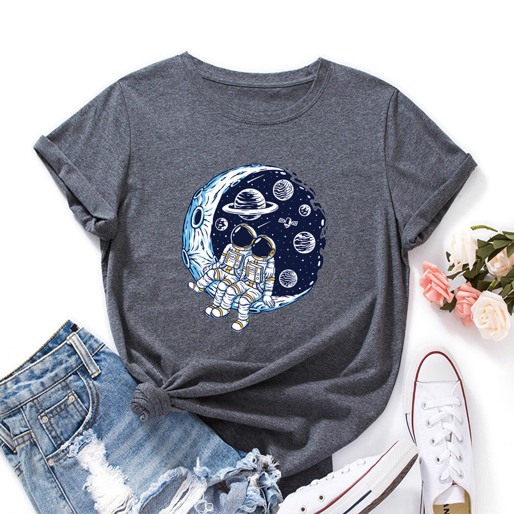 Women's Cotton Loose Round Neck Sleeve Moon Women's T-shirt