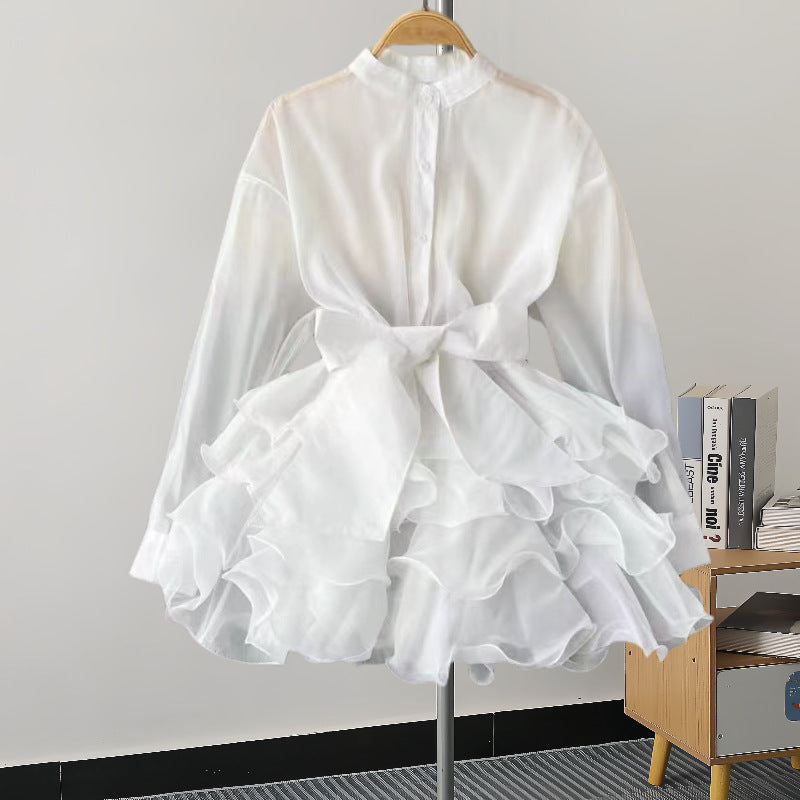Pure Color Ruffles Long-sleeved Shirt Niche Dresses