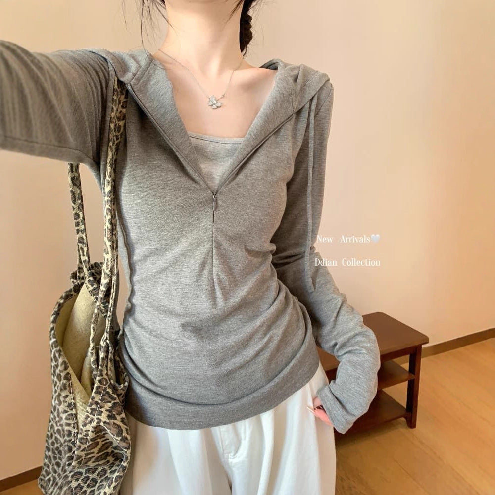 Women's Gray Half Zipper Fake Two-piece Hooded Long-sleeved Sportswear Women's T-shirt