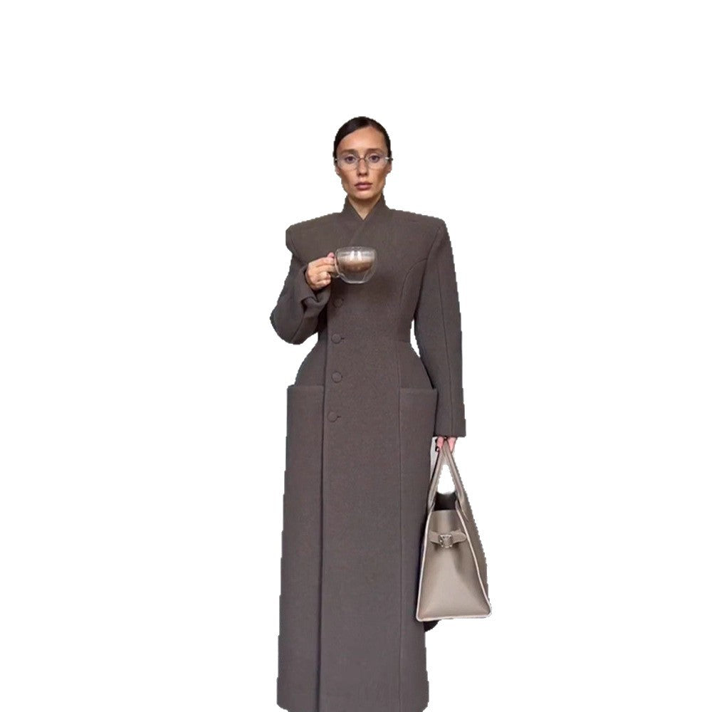 Fashion Temperament Pure Color Long Section With Stand Coats