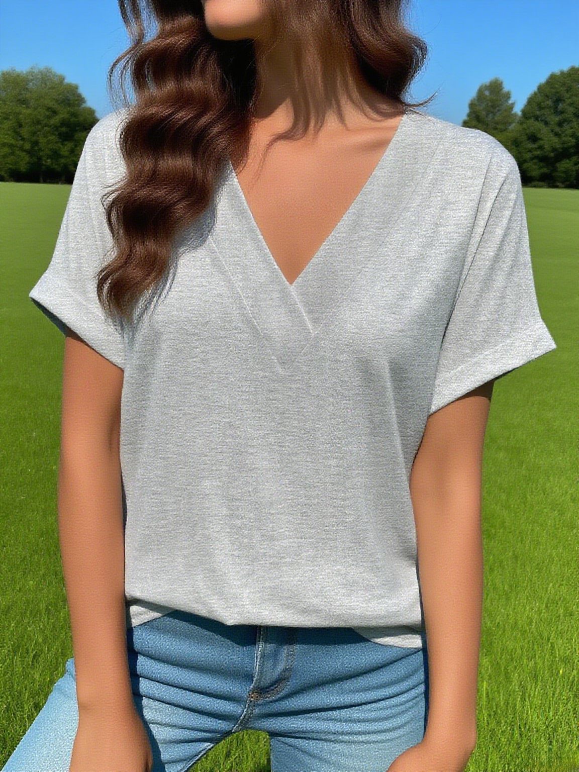 Women's Summer Casual Collar Solid Color Simple Sleeve Curling Loose Women's T-shirt