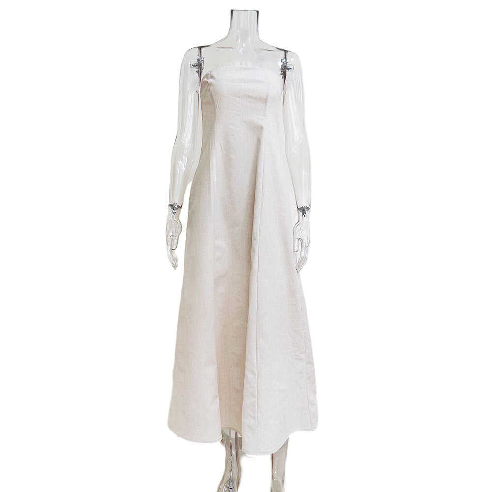 Women's Vacation Style French Dress Khaki Cotton Linen Tube Dresses