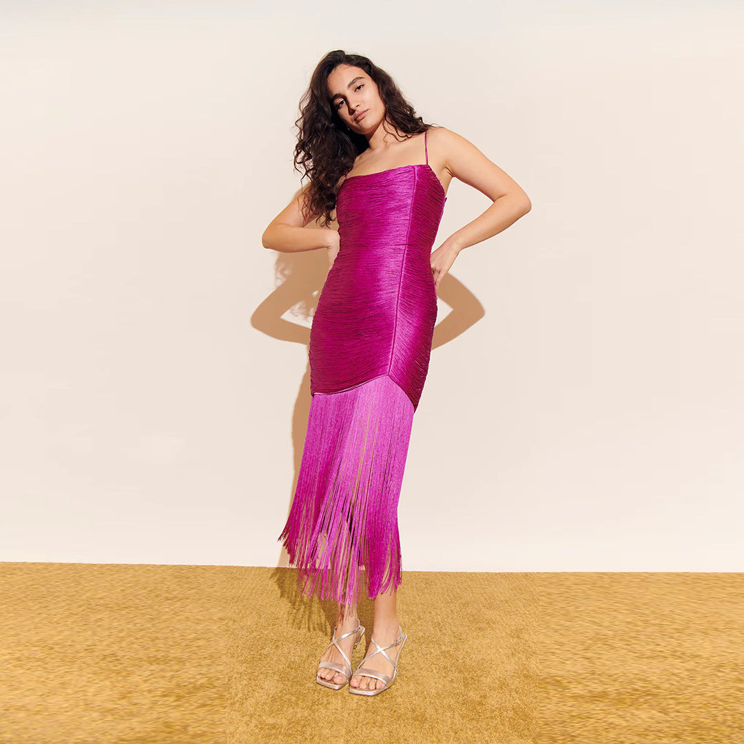 Women's Bandage Tassel Strapless Sexy Sling Slim Dress