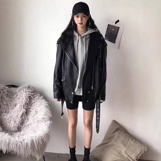 Women's Mid-length Leather Korean Style Locomotive Jackets