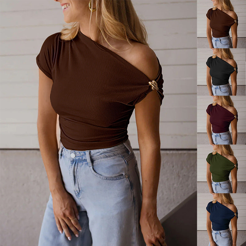 Women's Sunken Stripe Solid Color Metal Decorative Women's T-shirt