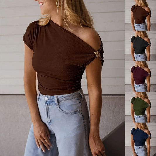 Women's Sunken Stripe Solid Color Metal Decorative Women's T-shirt