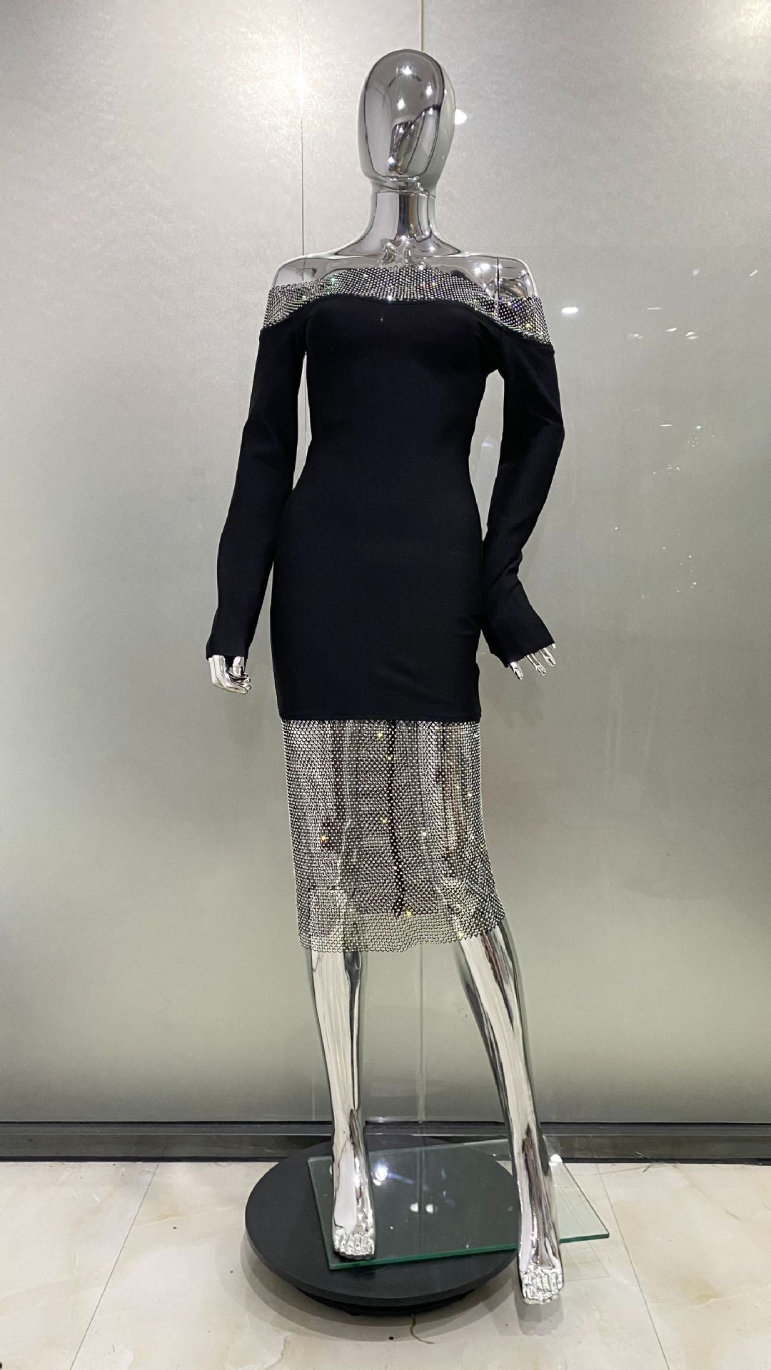 Hot Style Shiny Net Drill Black Dress Fashion Elegant Dresses