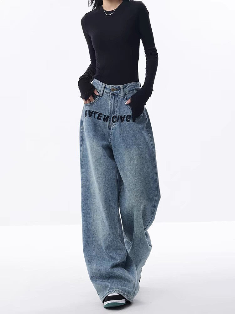 Women's Blue Embroidered Design Loose Mopping Floor Jeans