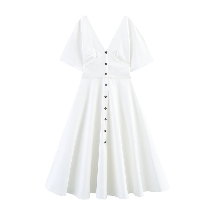 Women's Fashion Button Decoration Waist Solid Color Dresses