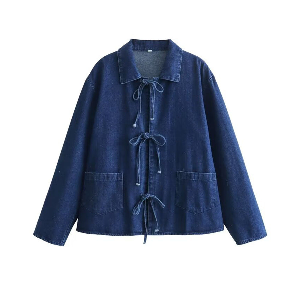 Women's Long Sleeve Washed Pocket Bow Shirt Jackets