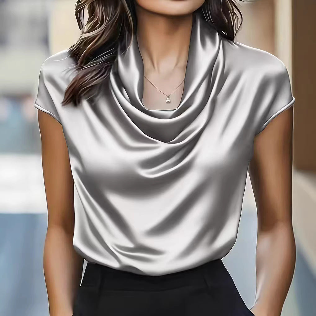Women's Swing Collar Draping Effect Short-sleeved Shirt Tops