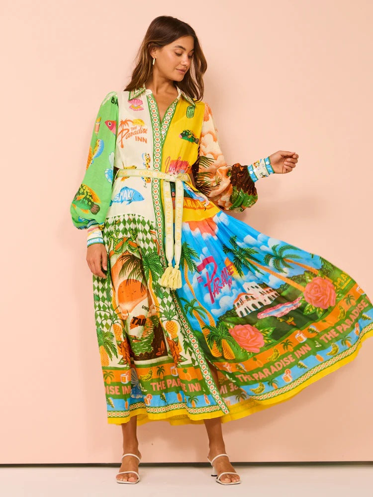 Single-breasted Long Lantern Sleeve Iti Printing Dress