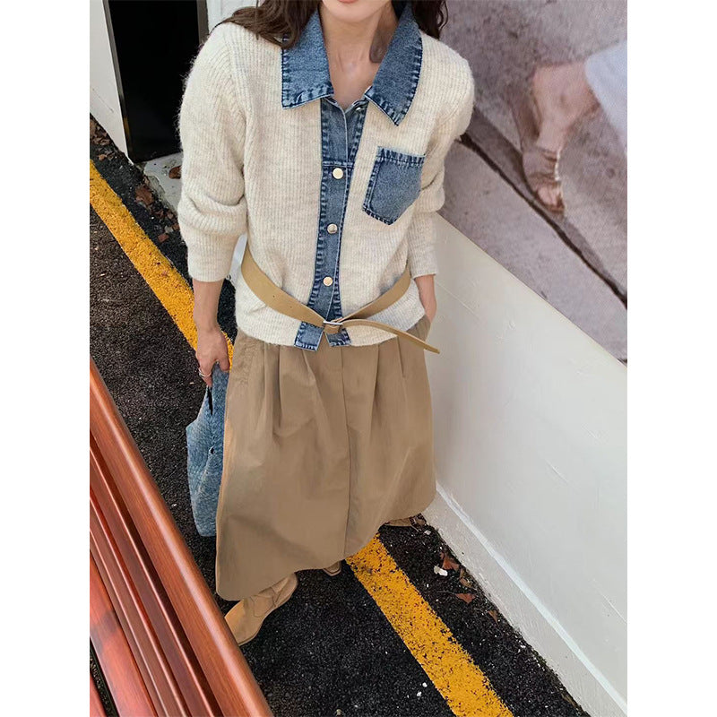 Women's Niche Retro Lapels Double Pocket Color Contrast Knitwear