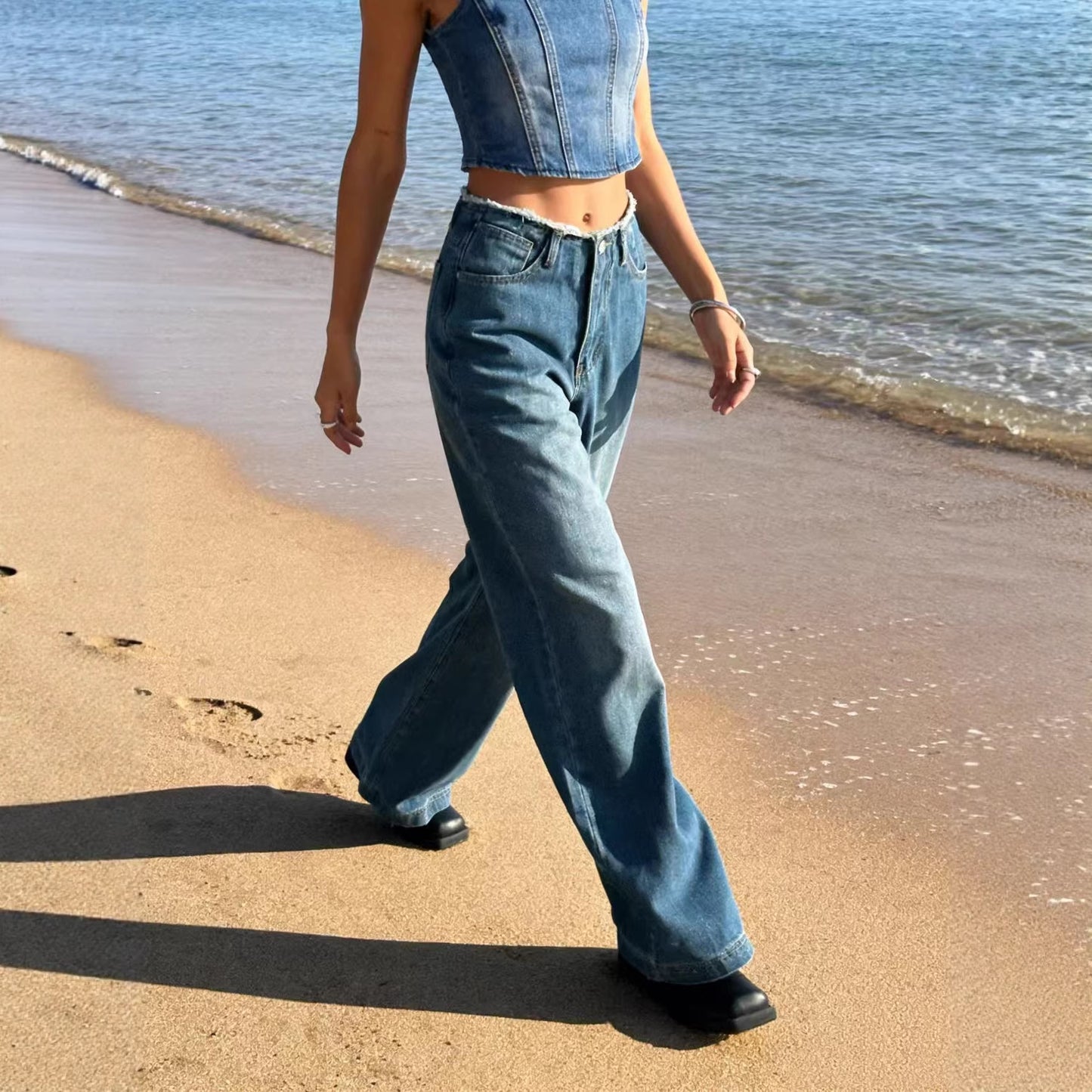Women's Retro Creasing High Waist Distressed Loose Pants