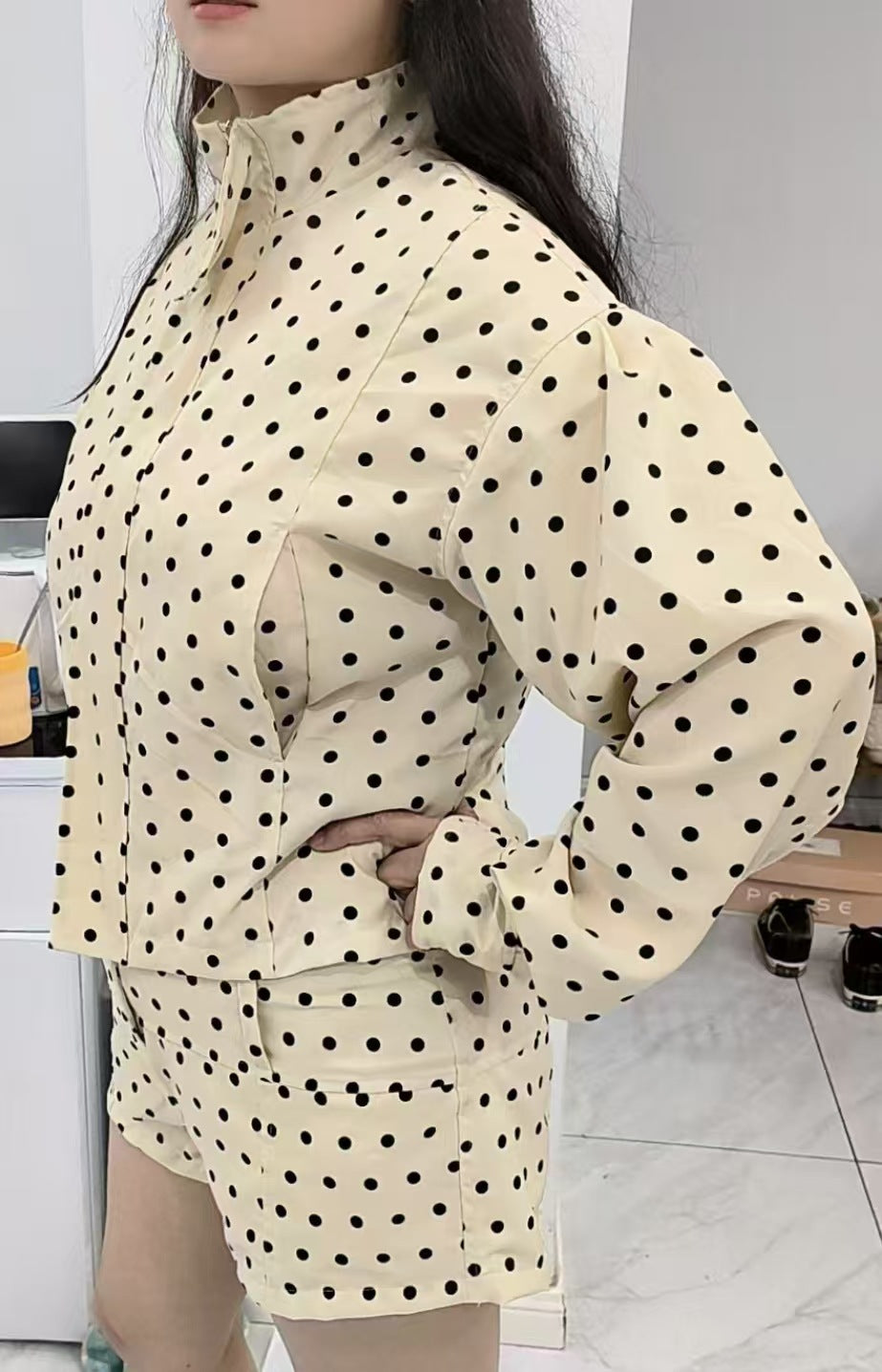 Women's Black White Apricot Dotted Casual European Jackets