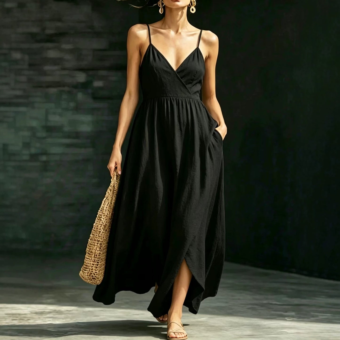Women's Summer Backless Strap Pocket Elegant Long Dress