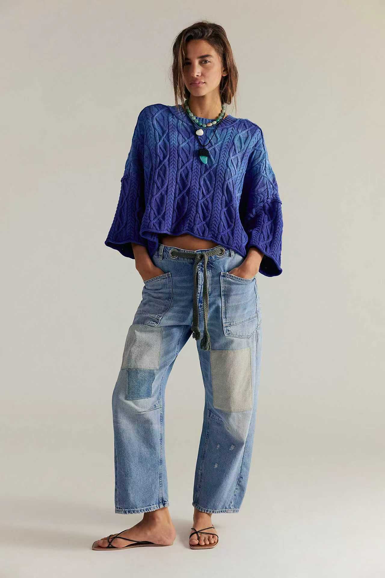 Retro Washed Stitching Patchwork Straight Drawstring Women's Jeans