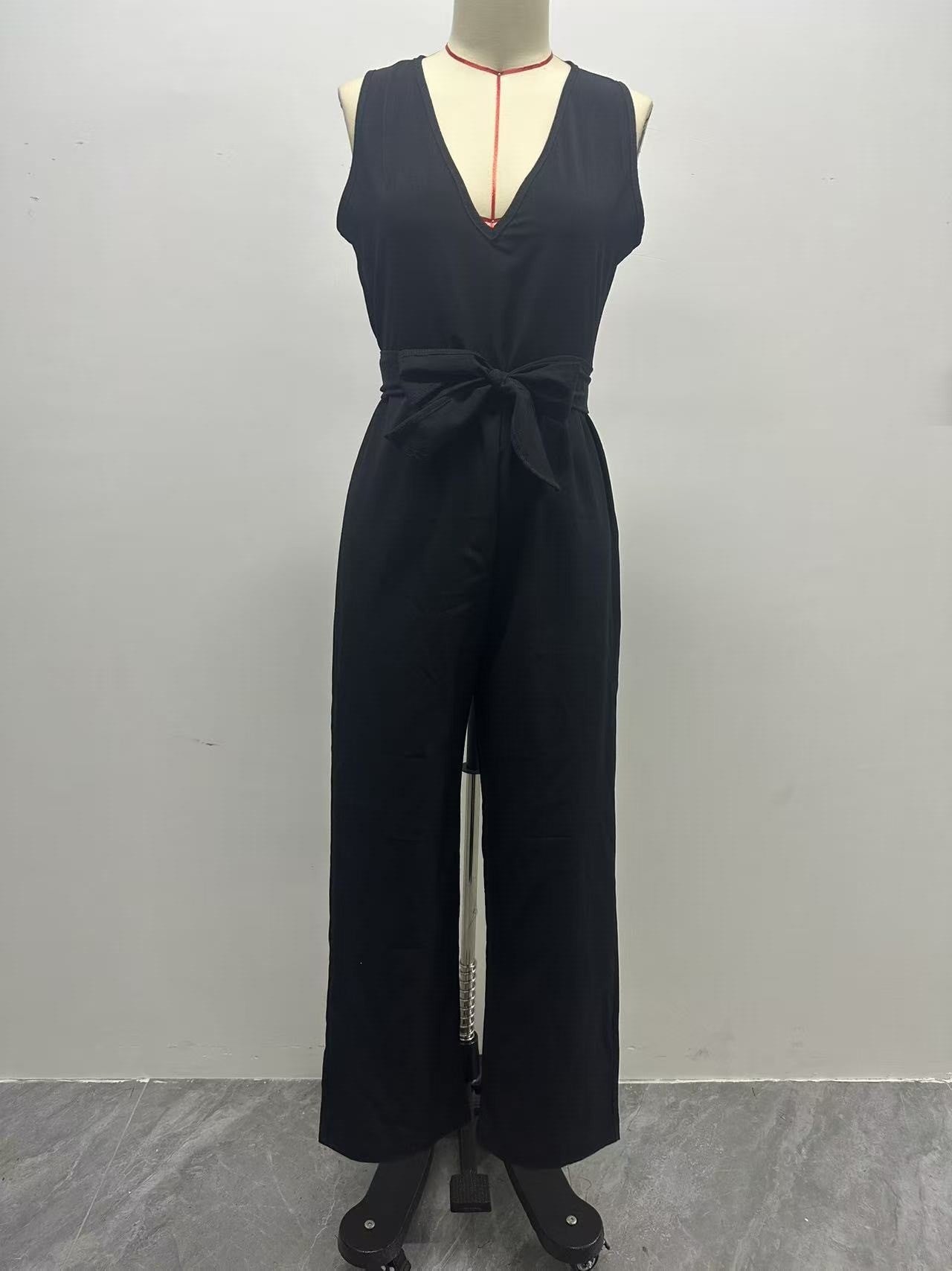 Women's Cotton Linen Sleeveless Bow Waist Wide Women's Jumpsuit/clothing