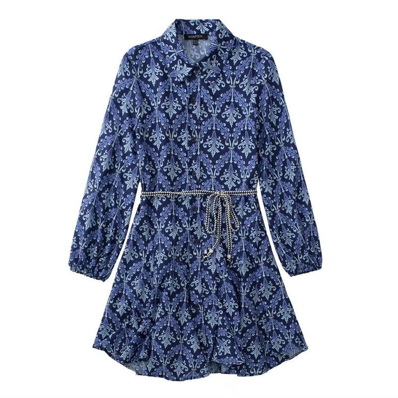Women's Summer Lace Printing Long-sleeved Shirt Dress Dresses