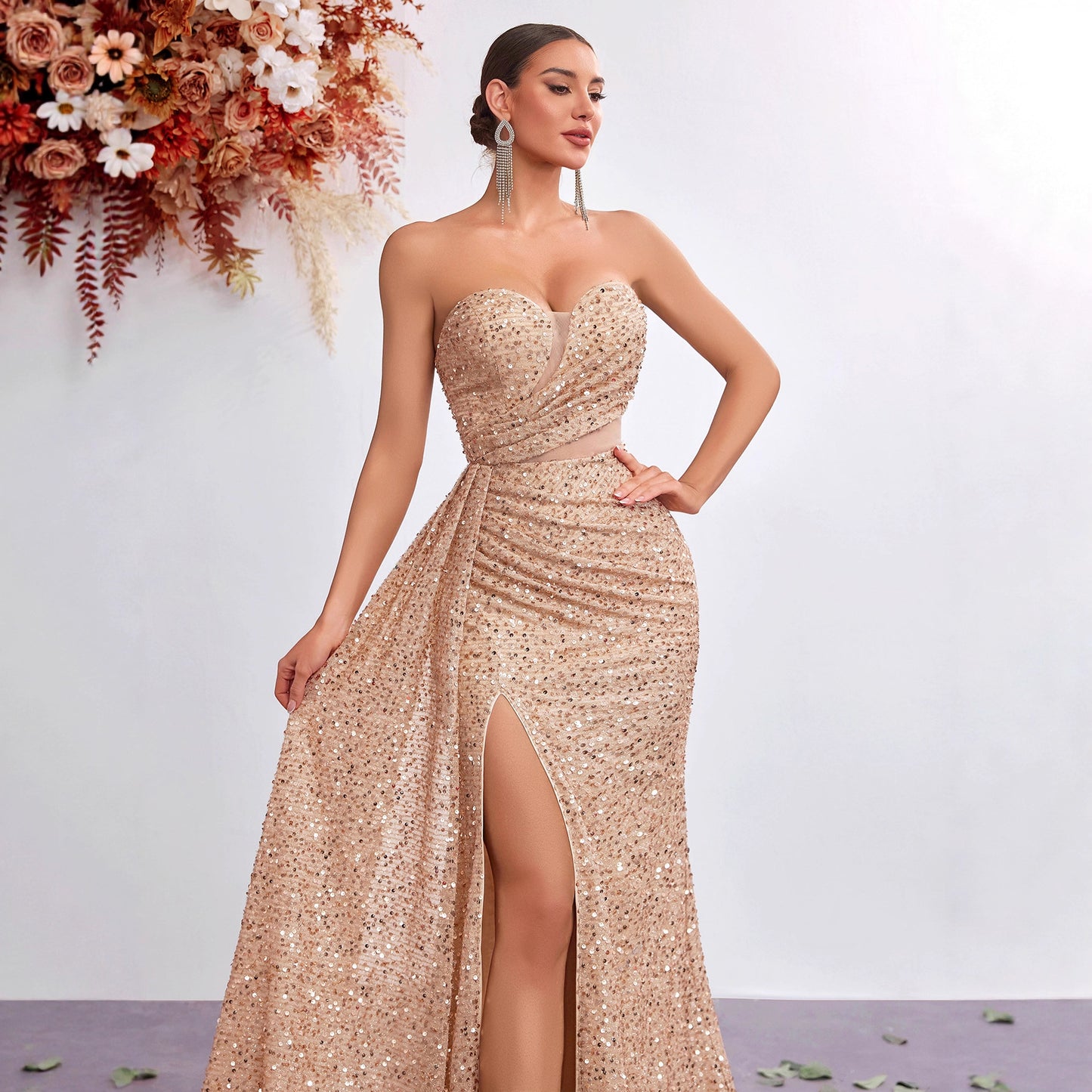 Sequined Tube Sexy High Waist Slit Fishtail Banquet Dress