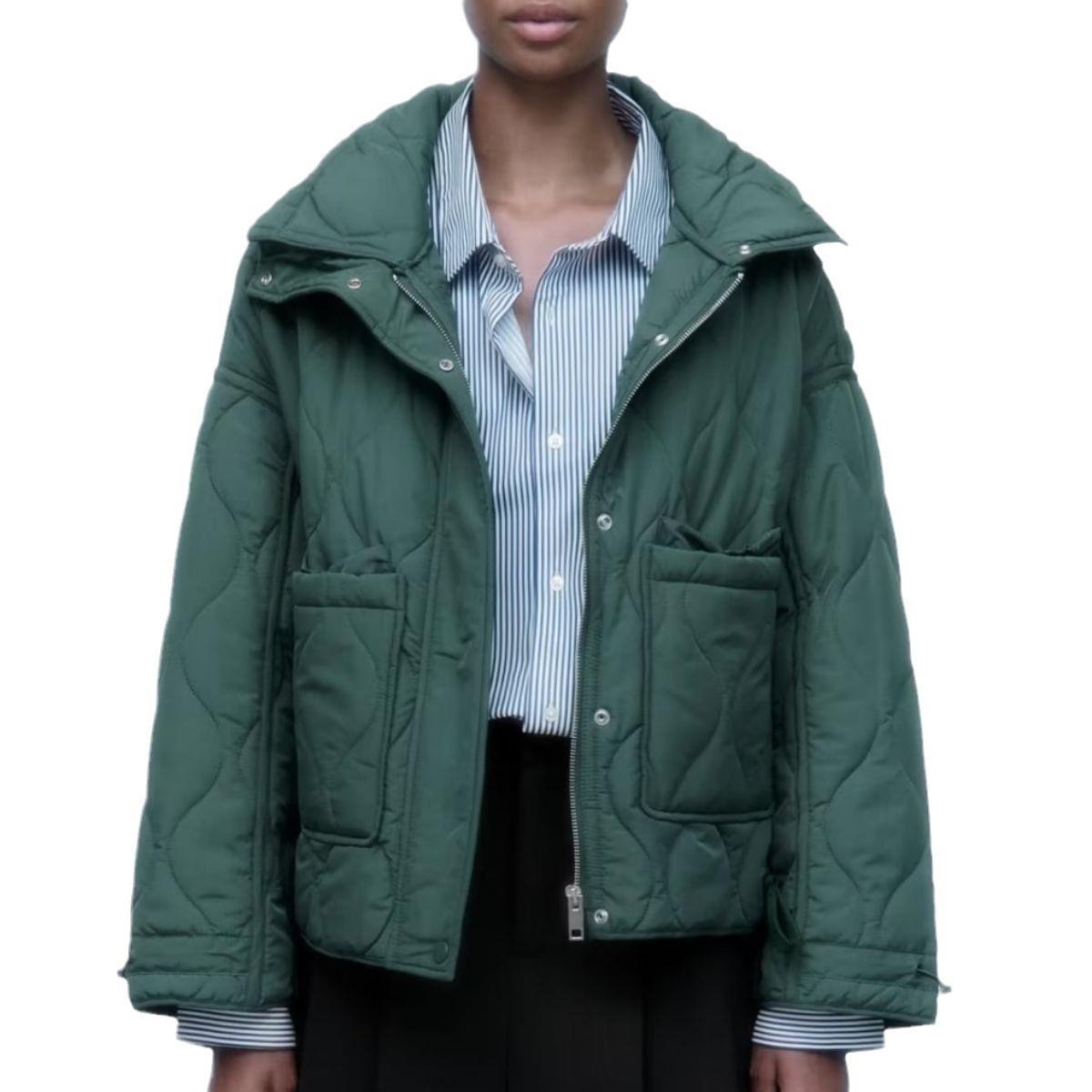 Women's Pocket Decoration Loose Long Sleeve Stand Collar Rhombus Jackets