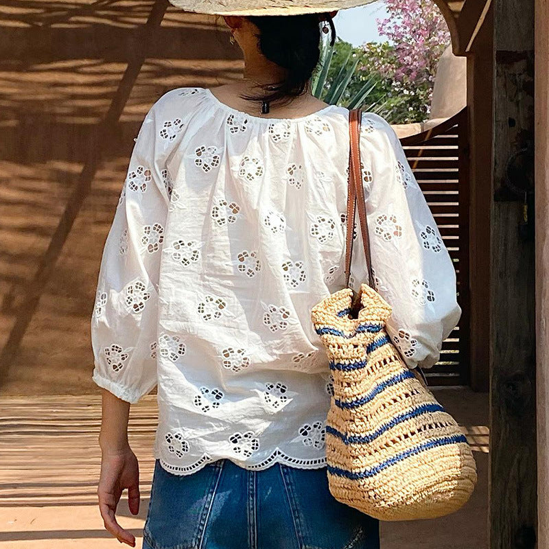 Women's French Embroidery Hollow Out White Shirt Tops