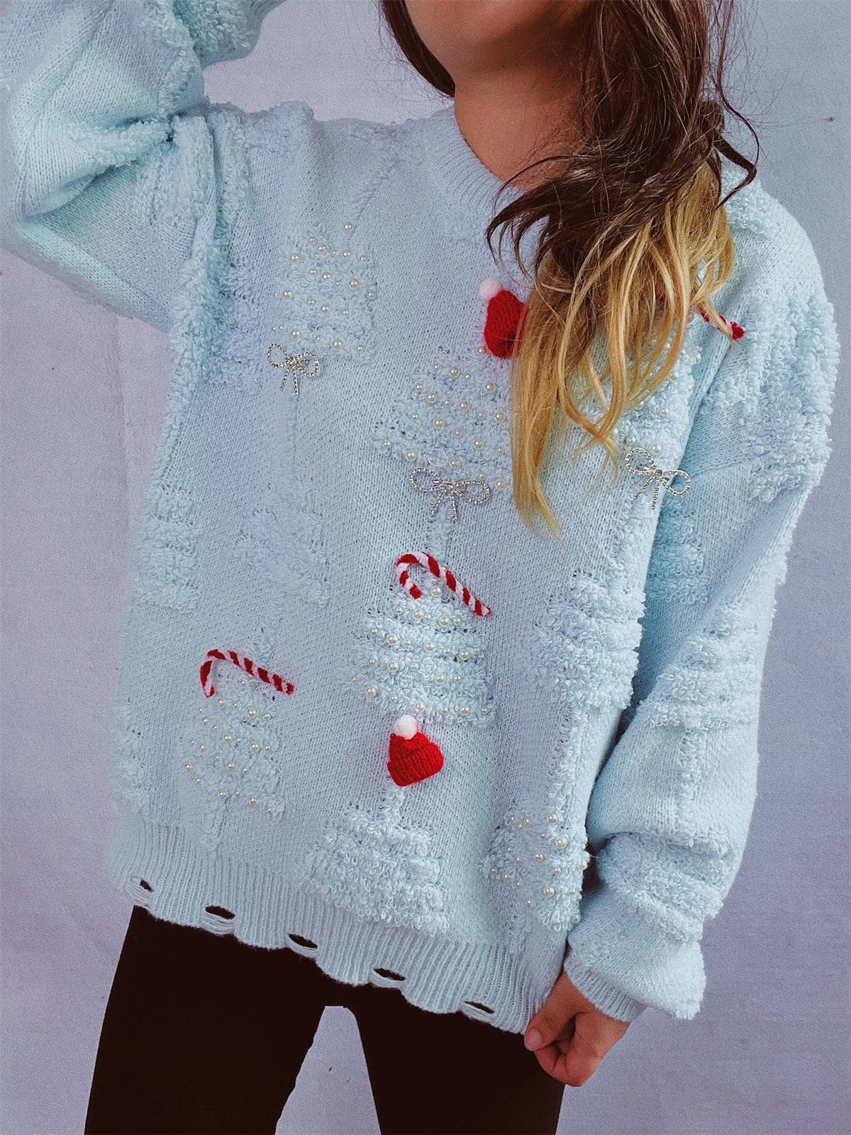 Source Solid Color Handmade Pearl Christmas Three-dimensional Sweaters