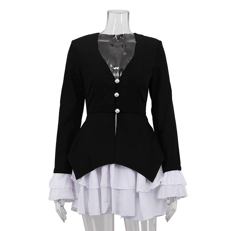 Women's White Color Contrast Dress Flared Sleeves Dresses