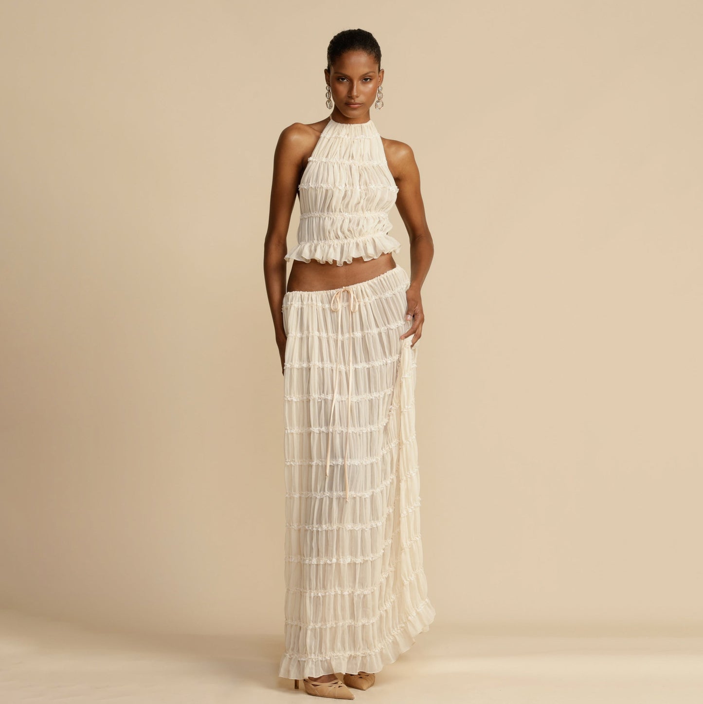 Wooden Ear Chiffon Pleated Dress Two-piece Suits