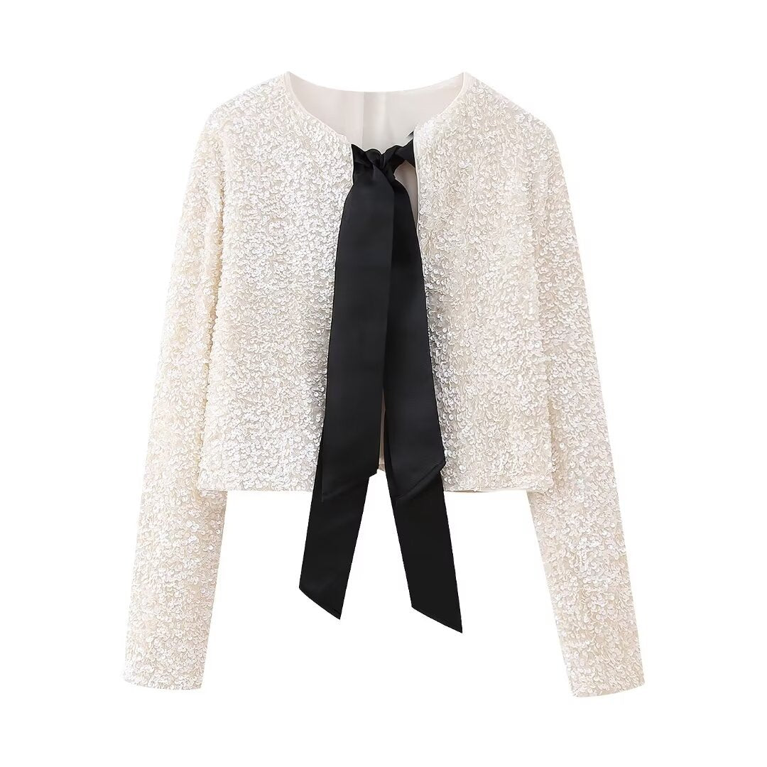 Women's Attractive Two-color Bow Sequined Fashion Blouses