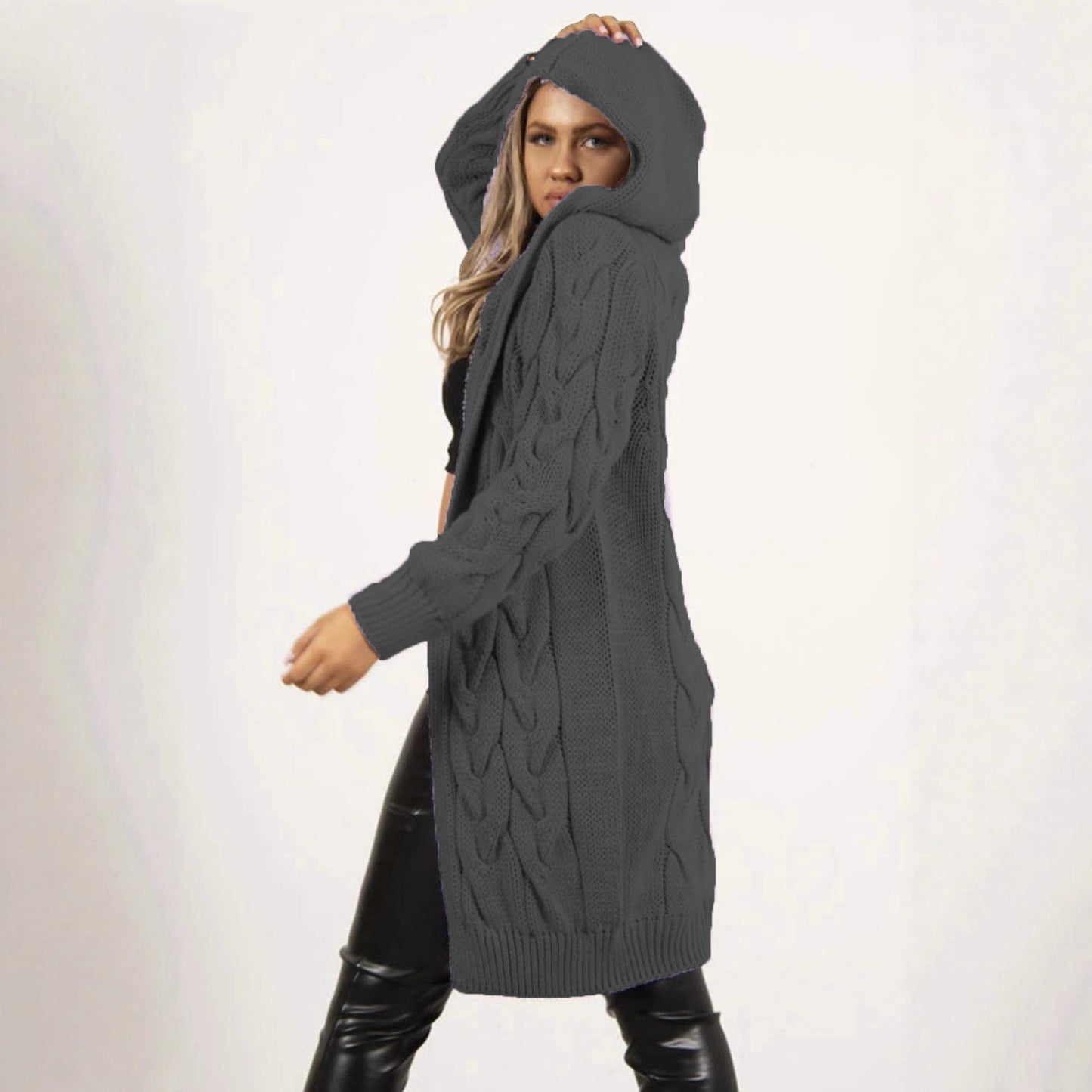 Women's Large Long Hooded Knit For Knitwear