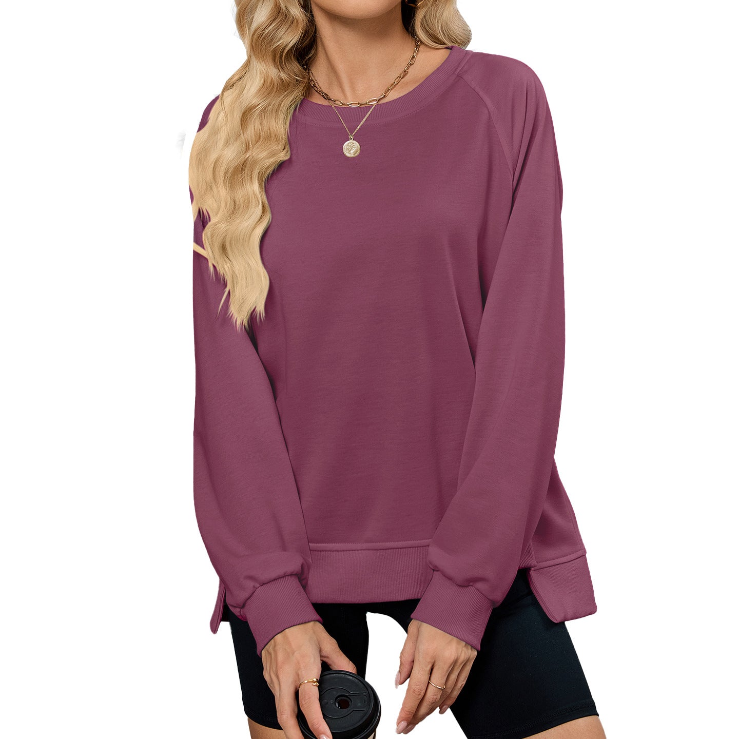 Women's Color Thread Round Neck Long Sleeve Tops