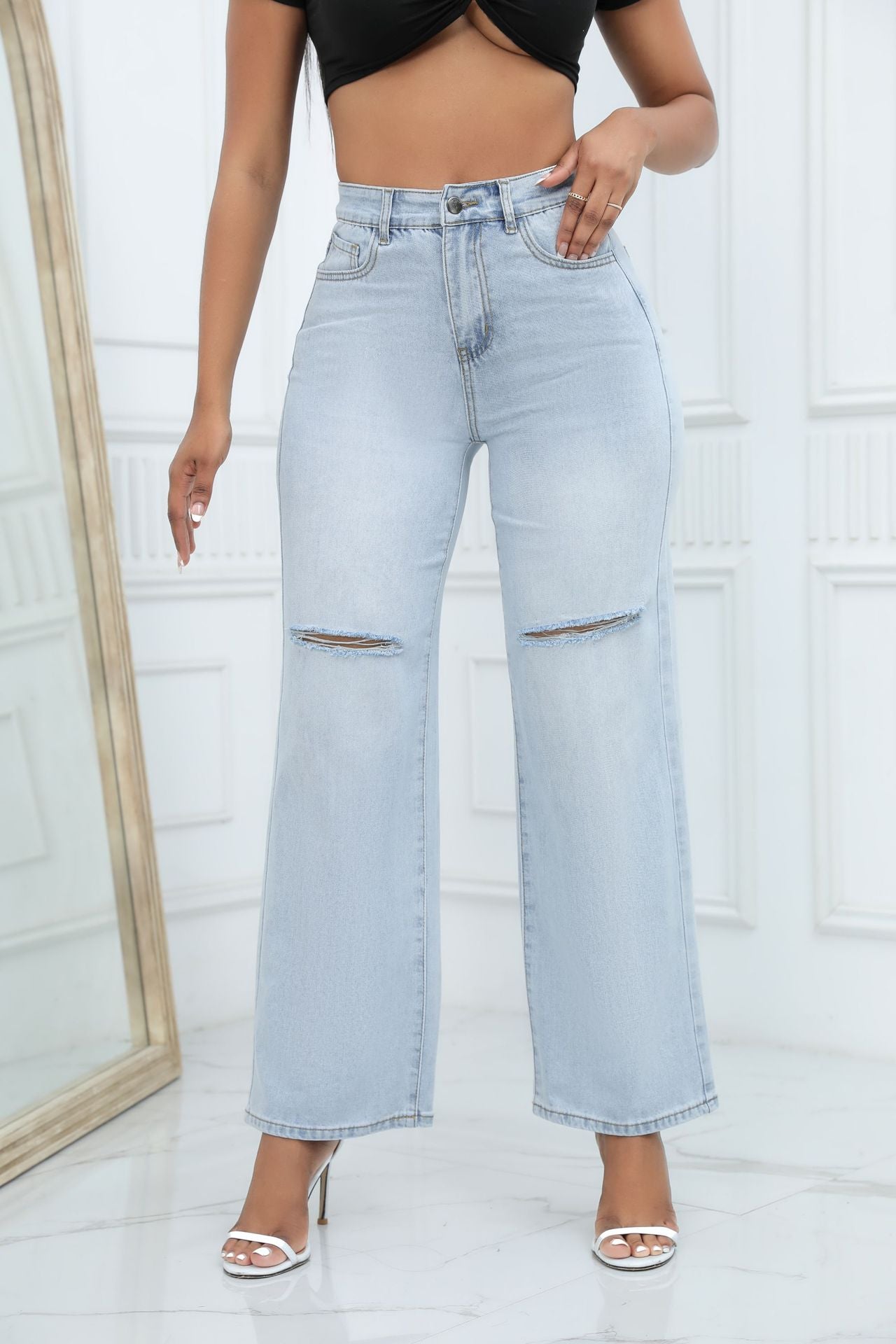 Women's Black Straight Design Sense Ripped Versatile Jeans
