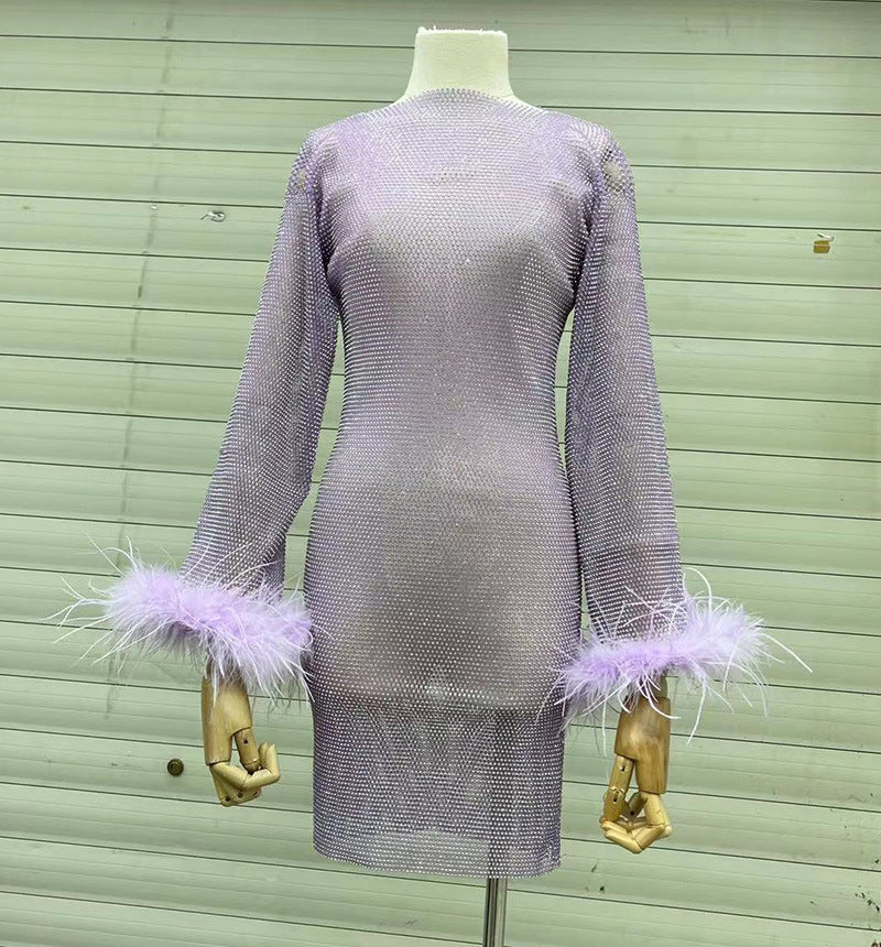 Fashion Luxury Hollow Mesh Ostrich Feather Slimming Bottoming Dresses