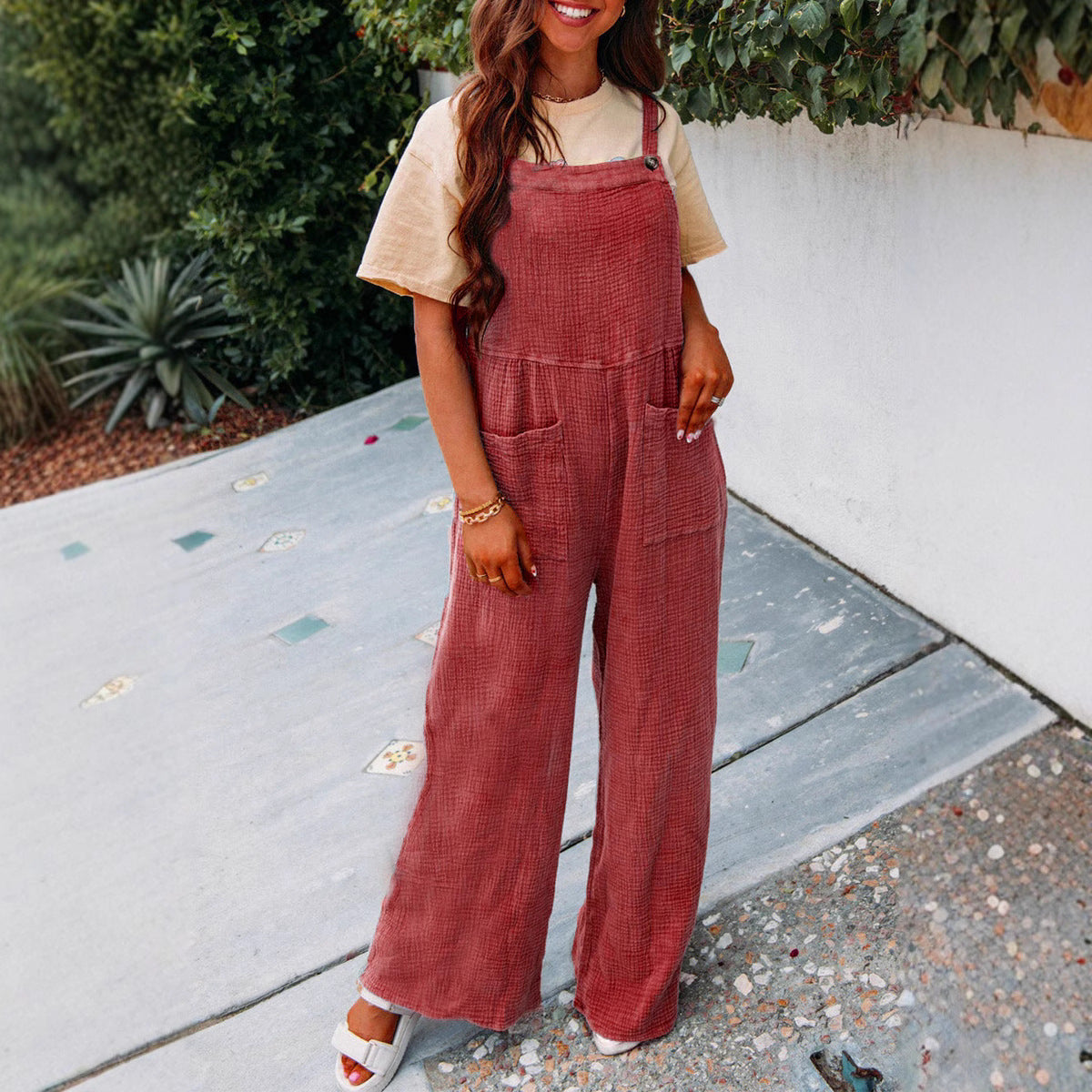 Women's Solid Color Pocket Square Collar Loose Women's Jumpsuit/clothing
