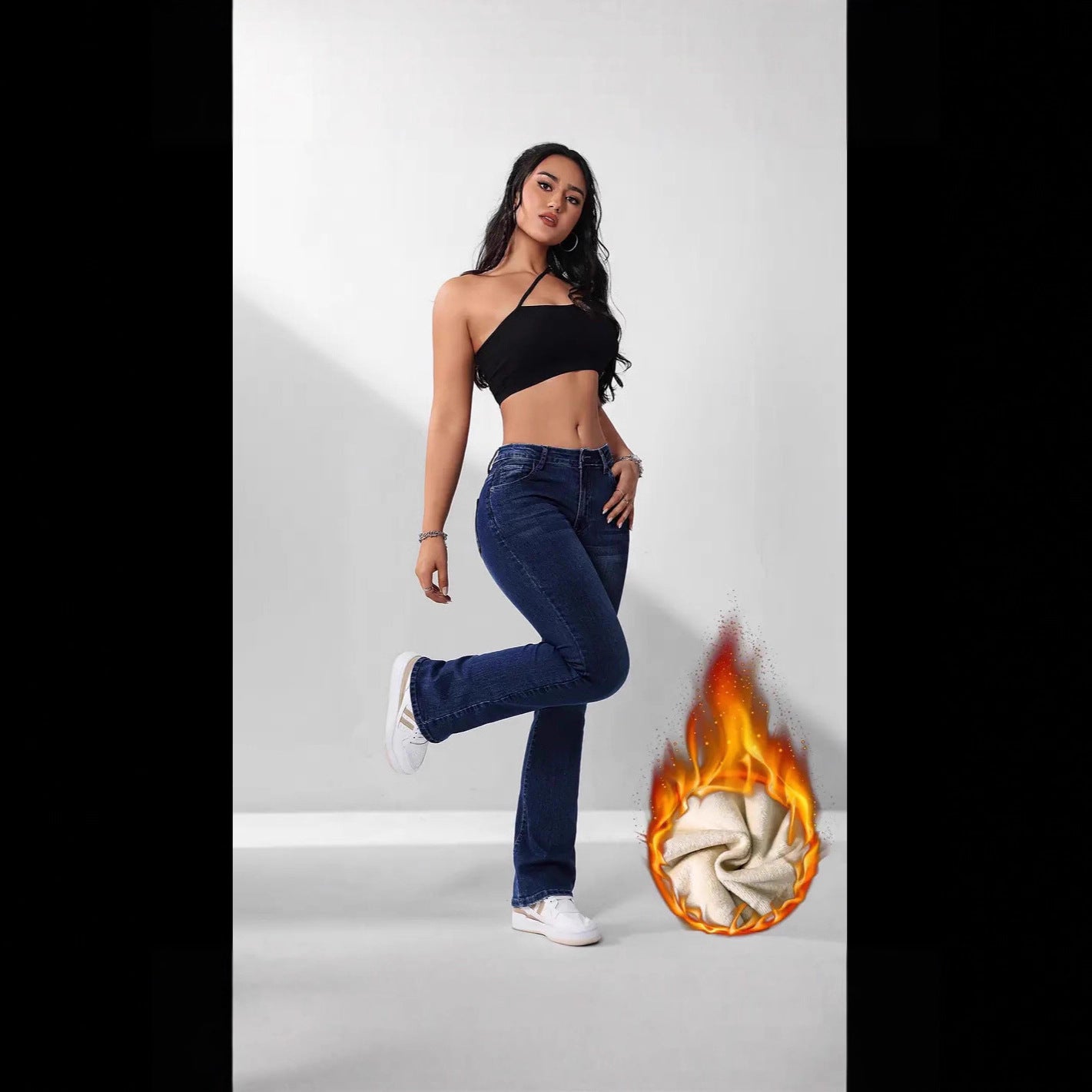 Women's Retro Fleece-lined Blue Denim Stretch Horn Jeans