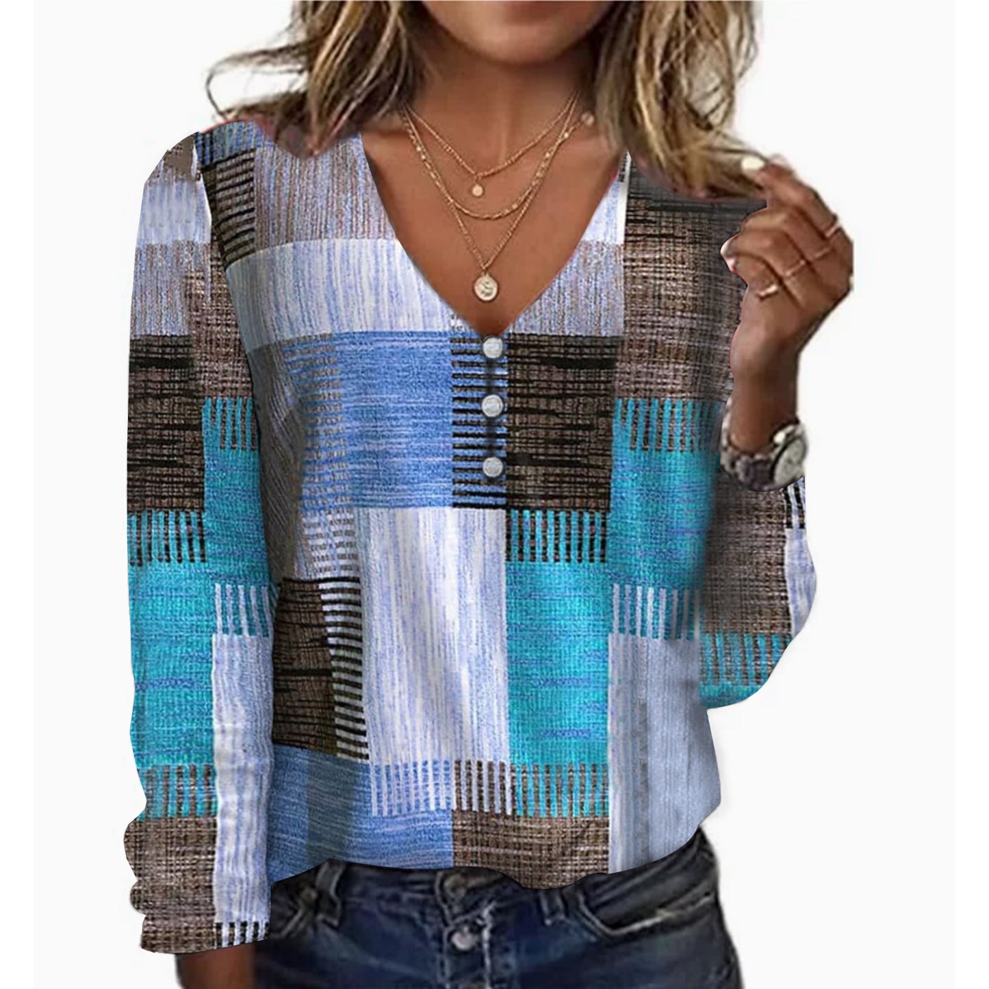 Starry Sky Pearl Button Long Sleeve Women's T-shirt