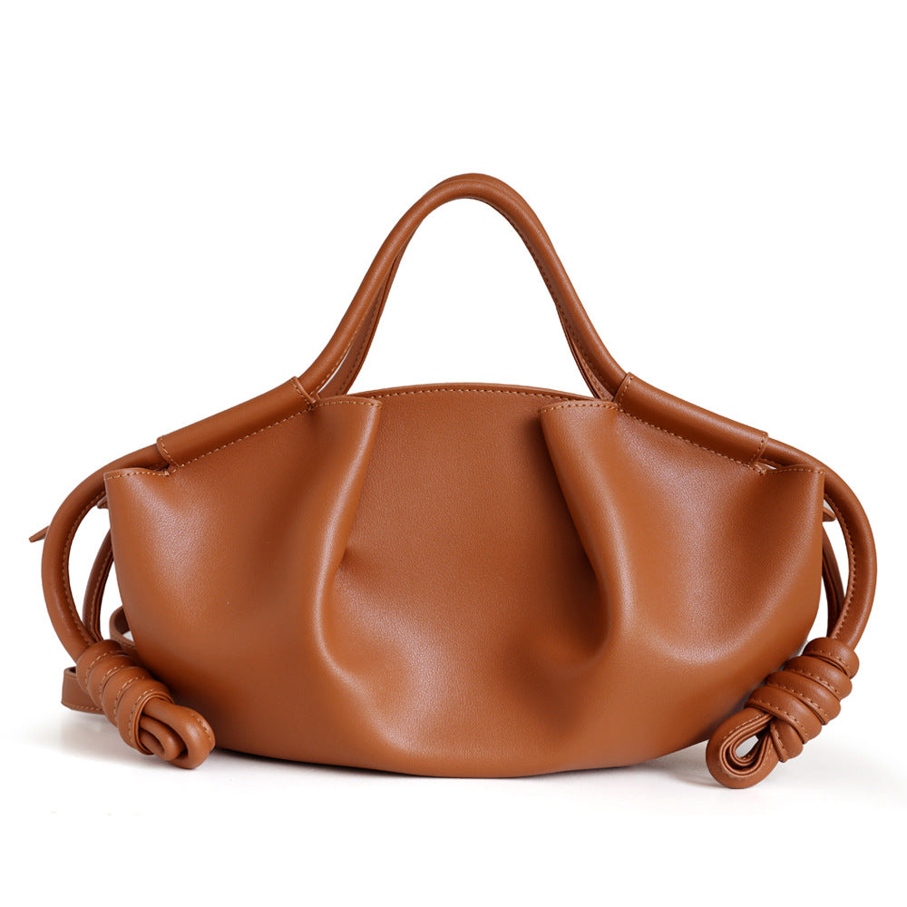 Women's Leather Folds Cloud Dumpling Drawstring Fashionable Handbags