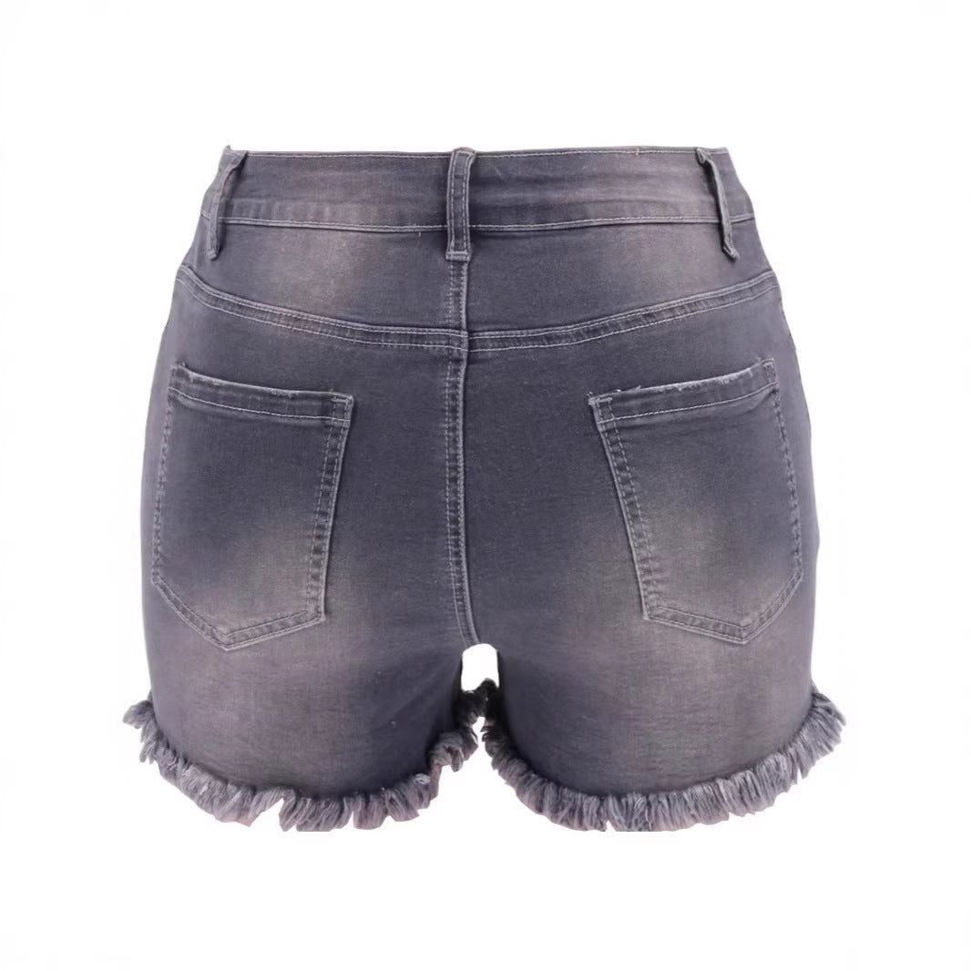 Women's Denim High Waist Elastic Hole Shorts