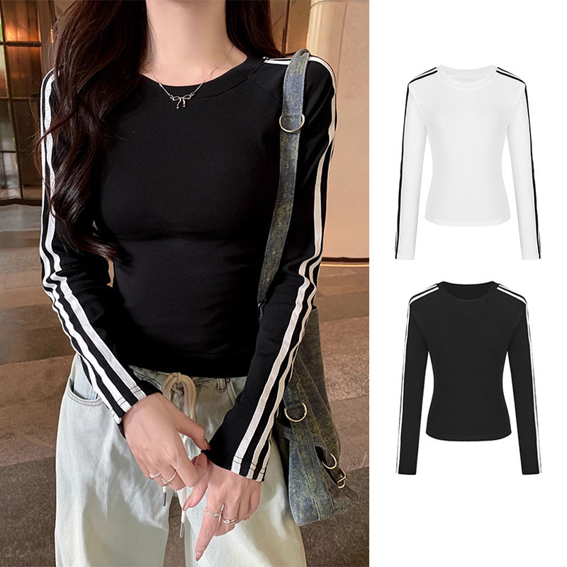 Women's Hot White Striped Long-sleeved Early Raglan Inner Women's T-shirt