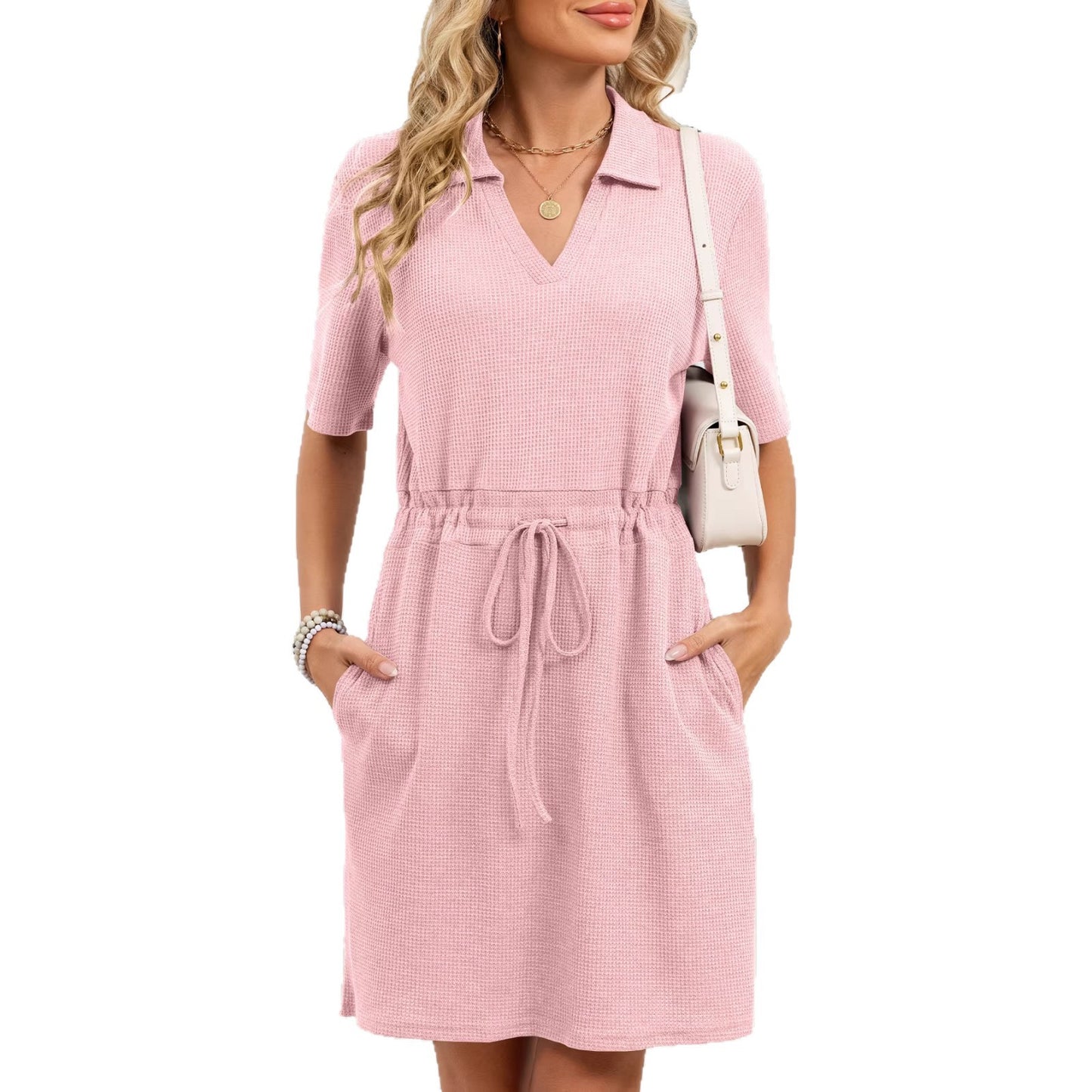 Women's Loose Lapels Sleeve Drawstring Pocket For Dress