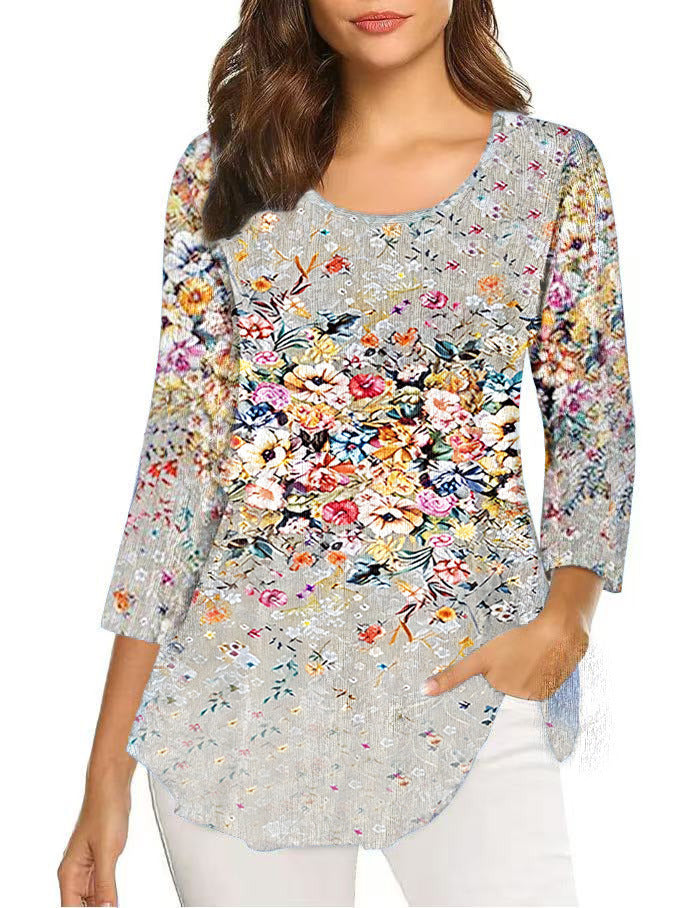 Autumn Three-quarter Sleeve Round Neck Printed Mid-length Bottoming Tops