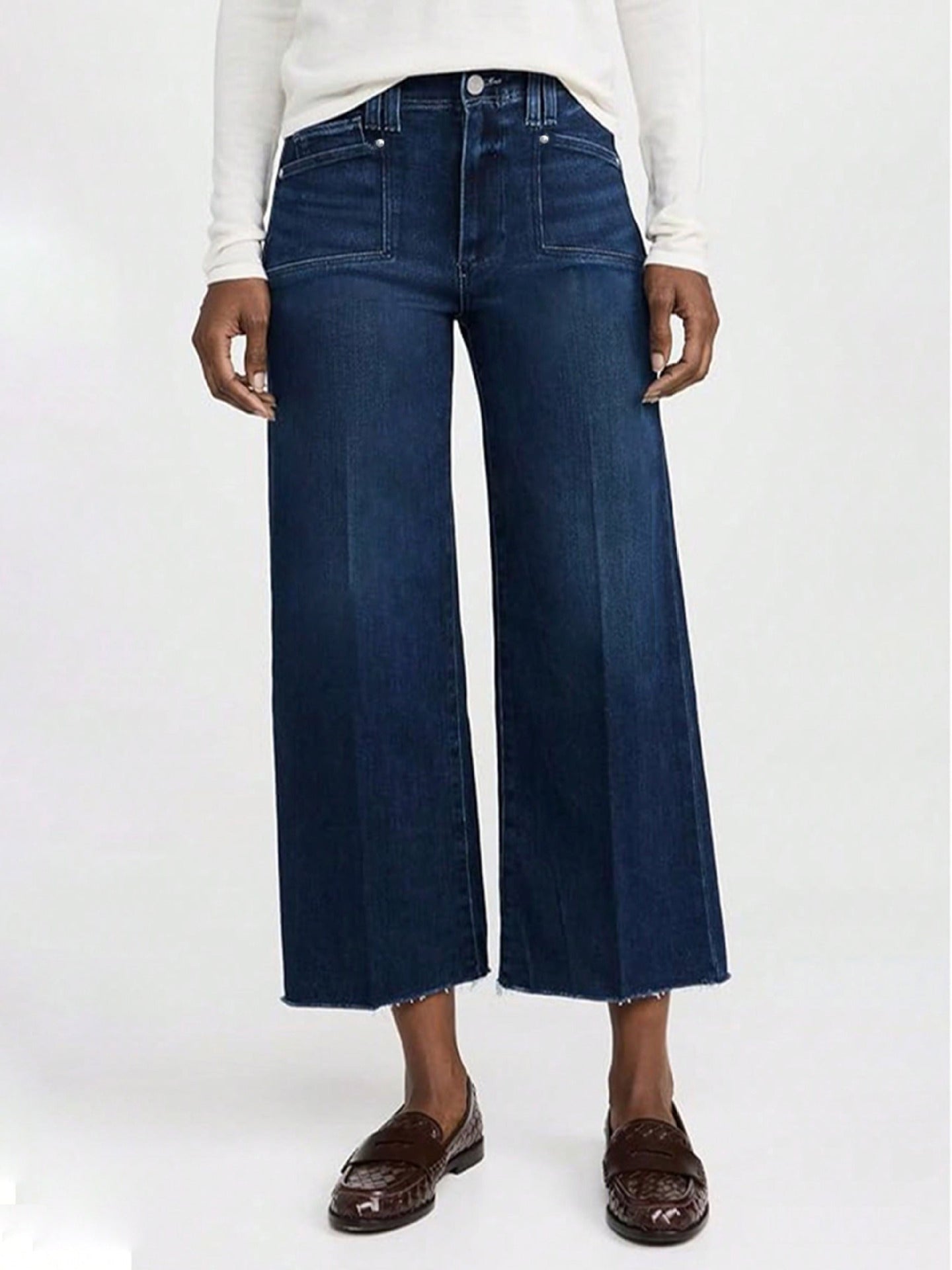 Women's Denim Cropped Straight Wide Leg Flat Pants