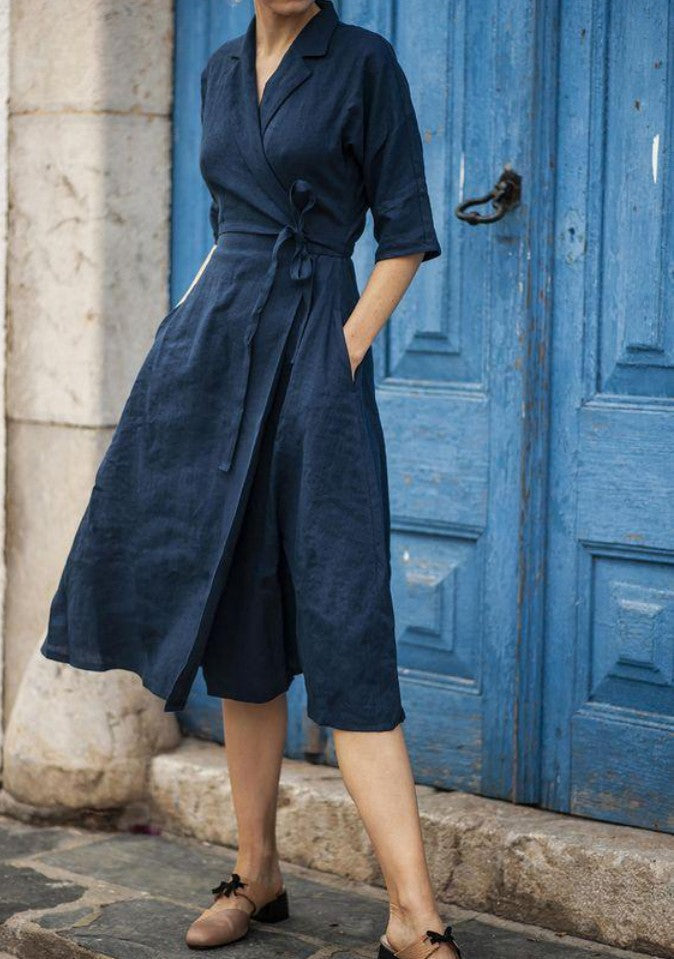 Linen Half Sleeve Turn-down Collar Large Swing Solid Dress