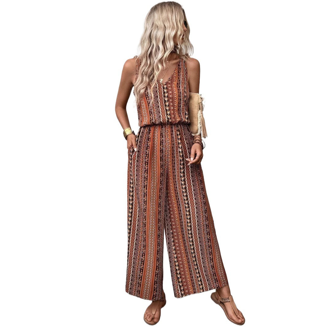 Casual Striped Printed Suspender Elastic Waist Jumpsuits