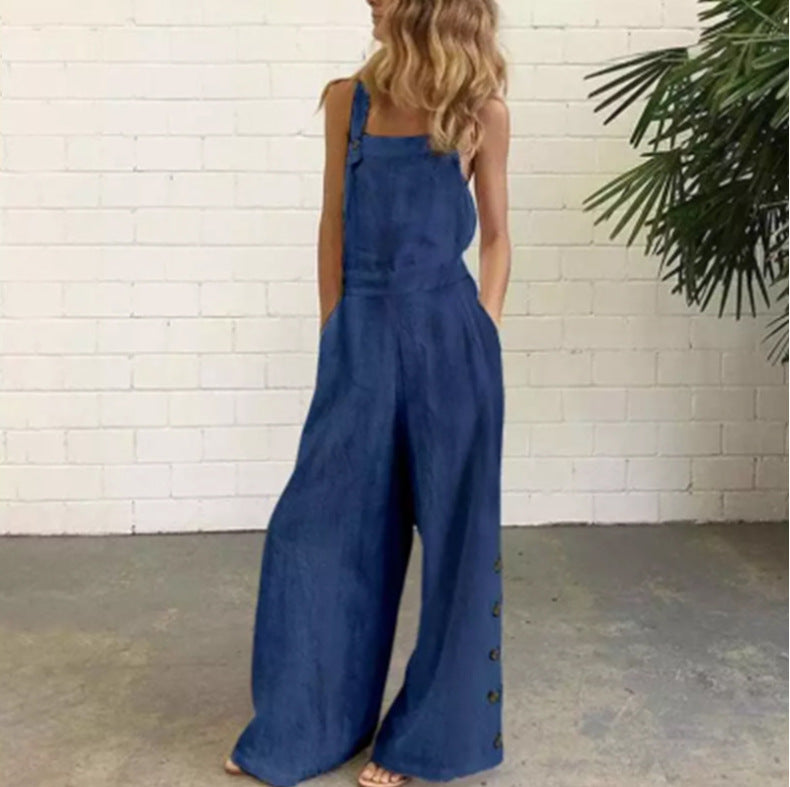 Women's Color Sleeveless Side Pocket Casual Wide Leg Women's Jumpsuit/clothing