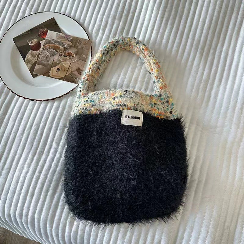 Women's Contrast Color Knitted Plush Fashion Winter Handbags