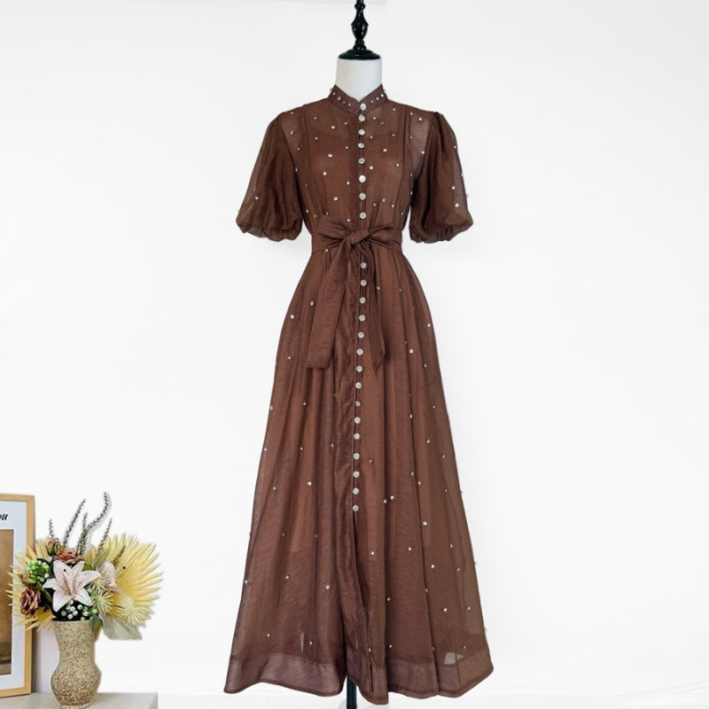 Women's Single-breasted Stand-up Collar Puff Sleeve Dress Dresses
