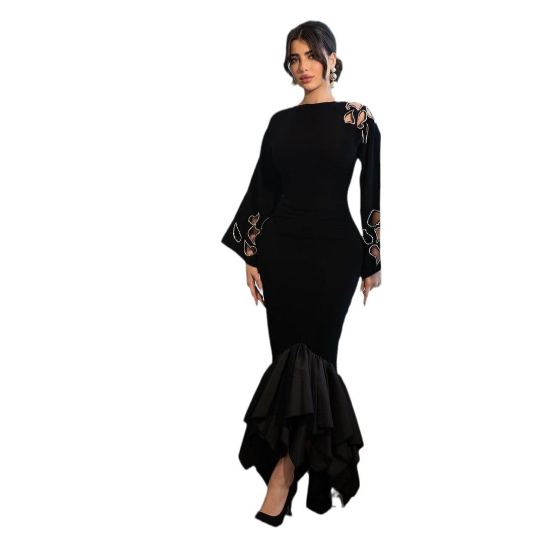Autumn Solid Color Fashion Hollow Out Strap Design Temperament Dresses