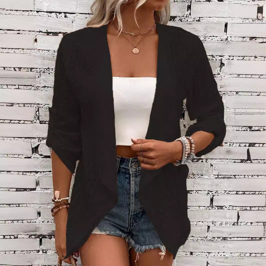 Women's Solid Color Casual Sleeve Middle Button Women's T-shirt